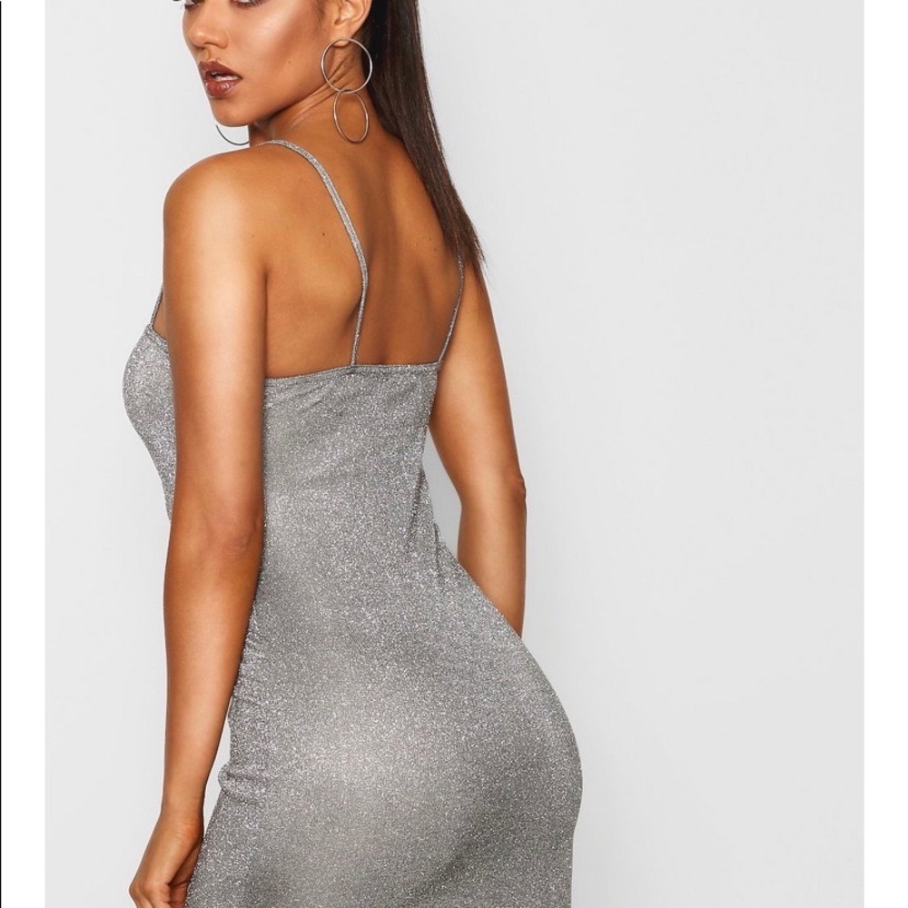 Boohoo Metallic Glitter Square Neck Strappy Dress
